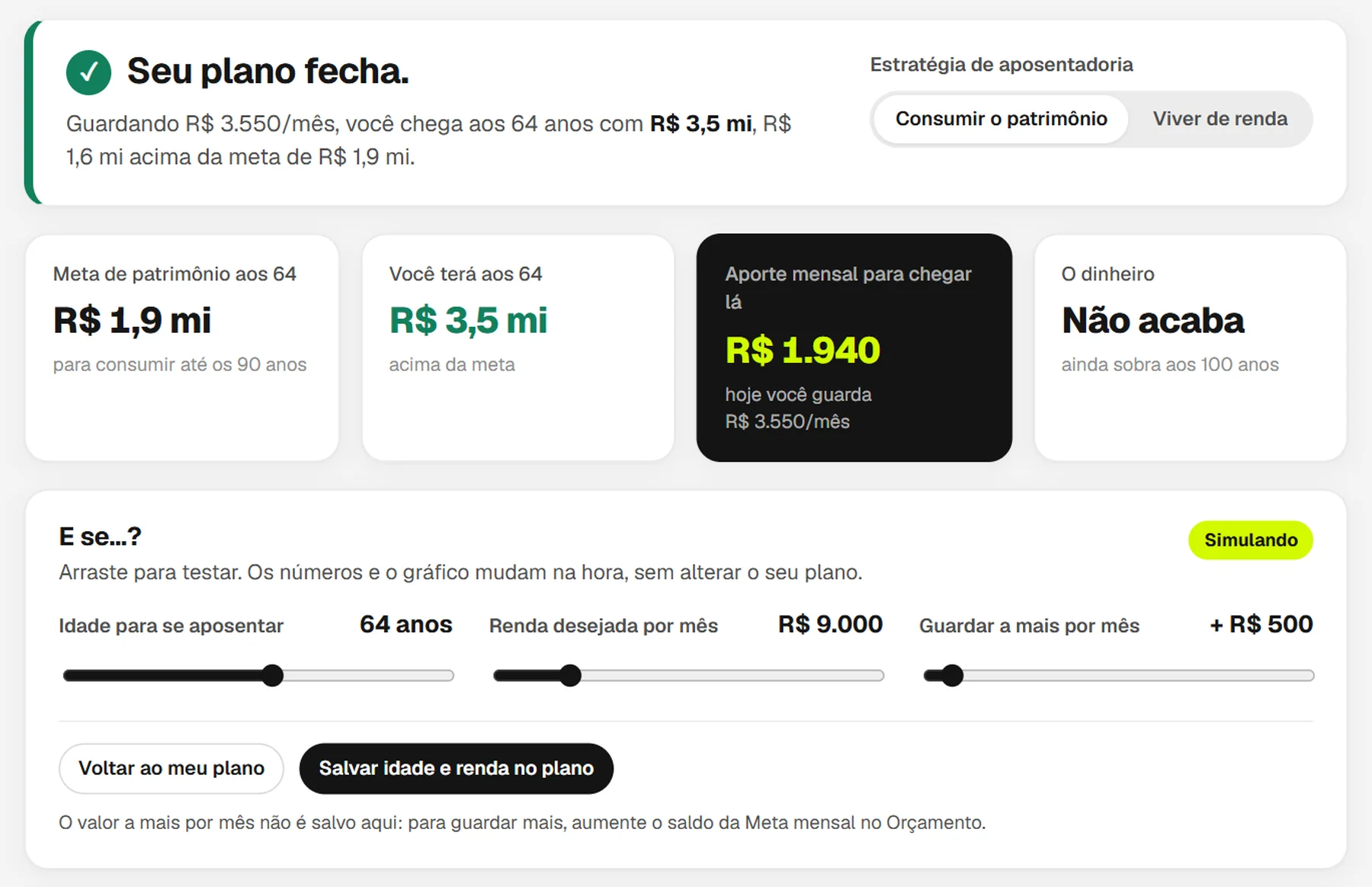 Simulador E se com a idade de aposentadoria em 64 anos e R$ 500 a mais por mês, o selo Simulando e os botões Voltar ao meu plano e Salvar idade e renda no plano