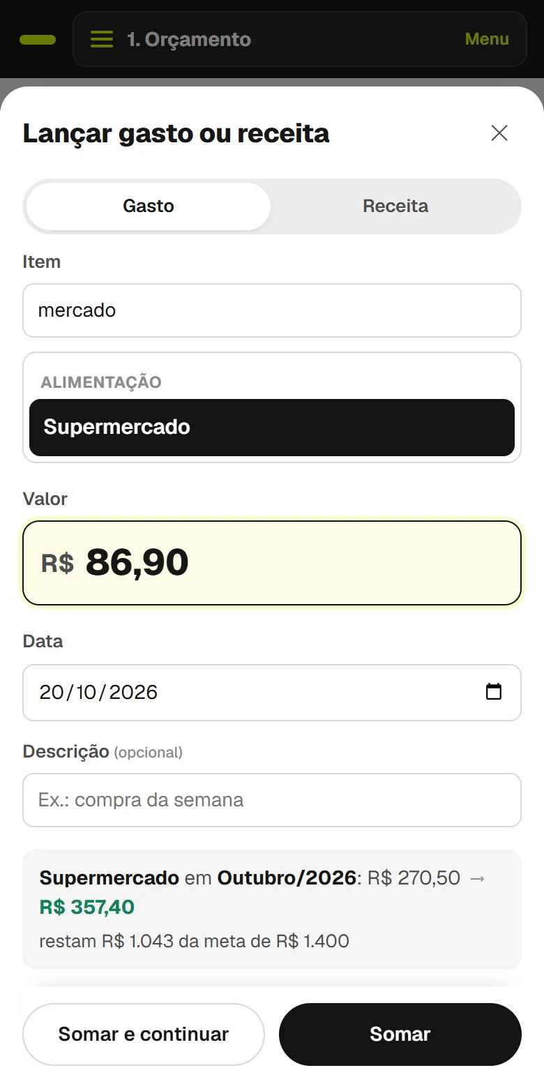 Janela Lançar gasto ou receita no celular: a busca mercado mostra o item Supermercado destacado na lista, com valor de 86,90 e a prévia do novo total