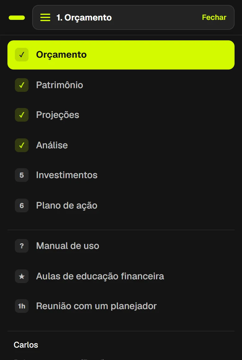 Menu do aplicativo aberto no celular, com as seis telas numeradas, o manual de uso e as opções Baixar orçamento, Cópia de segurança e Sair