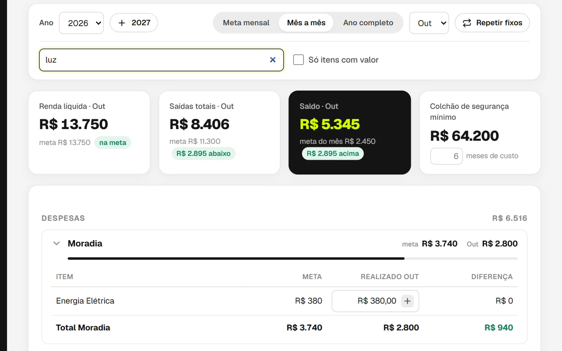 Orçamento com a palavra luz no campo de busca: só a categoria Moradia aparece, com o item Energia Elétrica