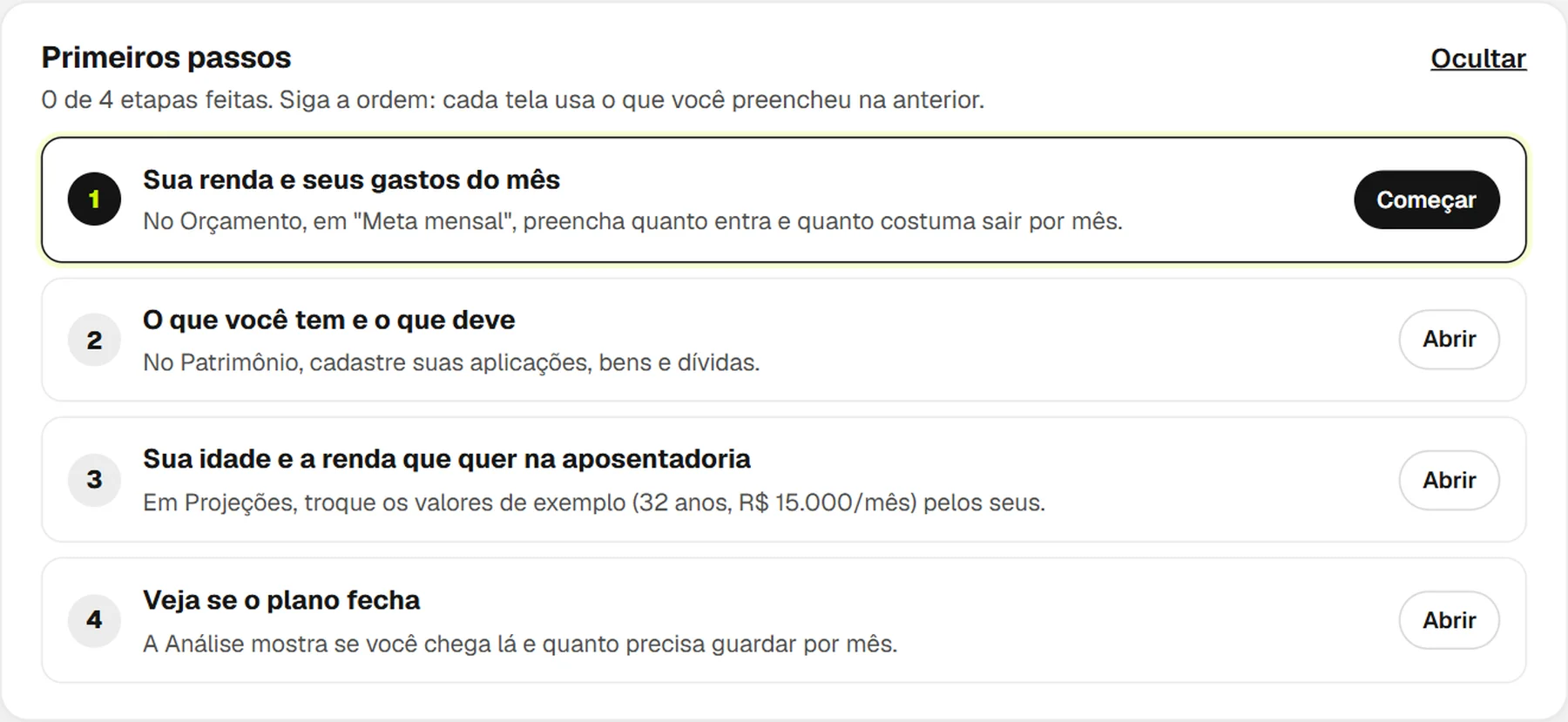 Quadro Primeiros passos com quatro etapas numeradas: renda e gastos do mês, o que você tem e o que deve, idade e renda desejada na aposentadoria, e ver se o plano fecha