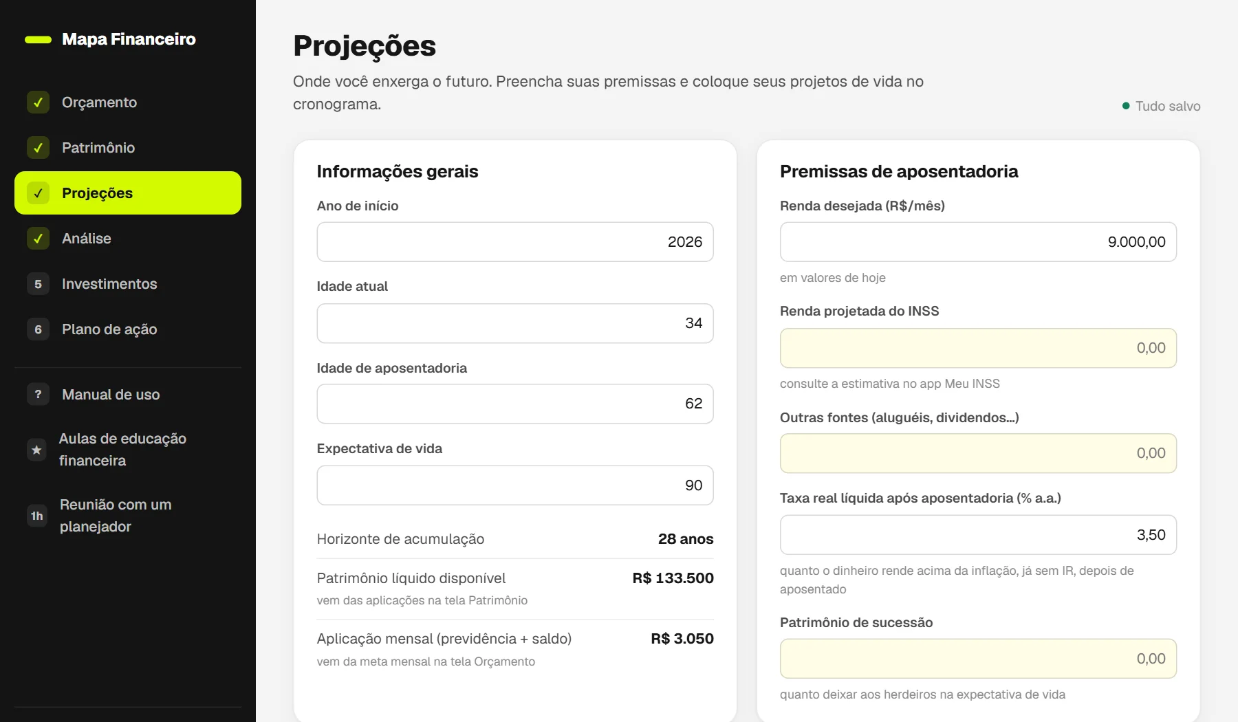 Tela de Projeções com os cartões de informações gerais, premissas de aposentadoria e rentabilidade e imposto, com os campos alíquota de IR e taxa real anual bruta